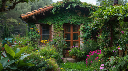 A cozy garden house with ivy-covered walls, nestled in a vibrant garden with a variety of plants and flowers.の素材