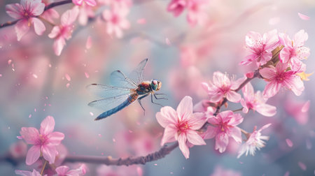 A dragonfly flying near a cluster of pink cherry blossoms.の素材