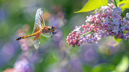 A dragonfly in mid-flight near a blooming lilac bush.の素材