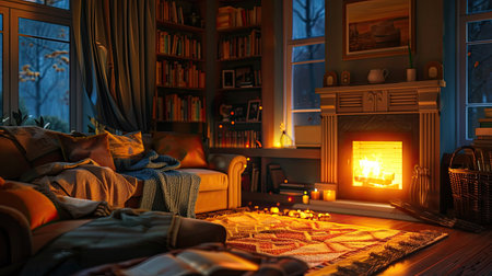 A cozy living room with a fireplace casting a warm glow.の素材