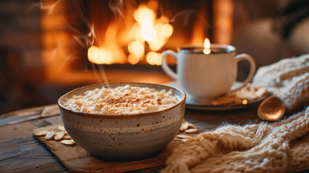 A cozy winter breakfast scene with a bowl of porridge, a cup of tea, and a fireplace in the background.の素材