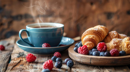 A cozy morning breakfast setup with a steaming cup of coffee, fresh croissants, and a bowl of mixed berries on a rustic wooden table.の素材