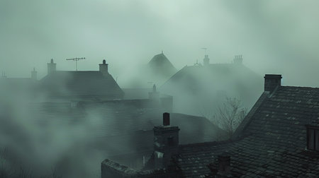 A dense fog enveloping a quiet village, with only rooftops and chimneys visible.の素材
