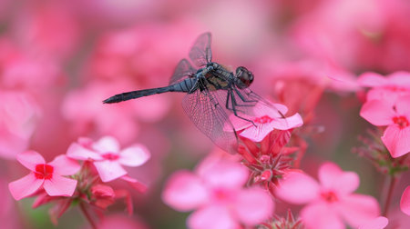 A dragonfly hovering near a patch of bright pink phlox.の素材