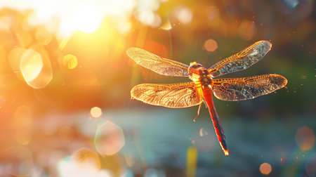 A dragonfly in flight with its wings illuminated by the setting sun.の素材