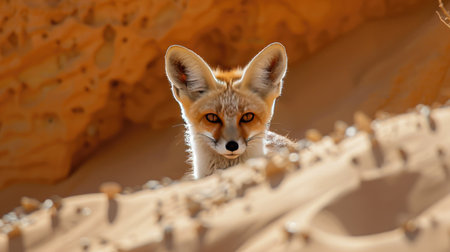 A desert fox peeking out from behind a sand dune, blending with the surroundings.の素材