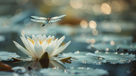 A dragonfly hovering near a white water lily in a garden pond.の素材