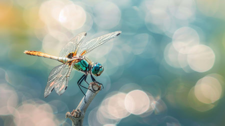 A dragonfly perched on a twig with a blurred background of water.の素材