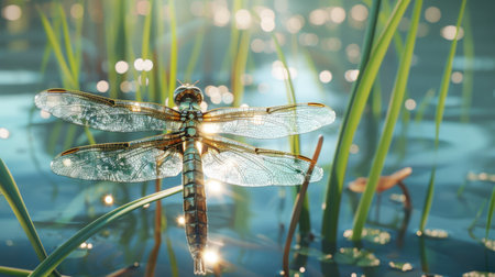A dragonfly resting on a reed near a calm pond, wings shimmering in the sunlight.の素材