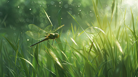 A dragonfly hovering over a lush green meadow, with tall grass swaying in the breeze.の素材