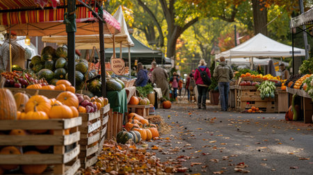 A fall market with stalls selling seasonal produce, pumpkins, and baked goods.の素材