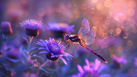 A dragonfly darting above a patch of purple asters.の素材