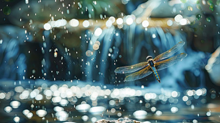 A dragonfly in mid-flight near a sparkling waterfall.の素材