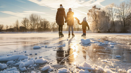 A family ice skating on a frozen lake, enjoying the winter weather.の素材