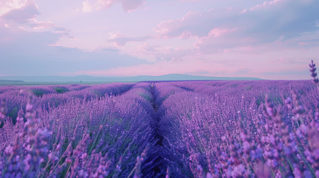 A field of blooming lavender stretching out to the horizon, creating a serene scene.の素材