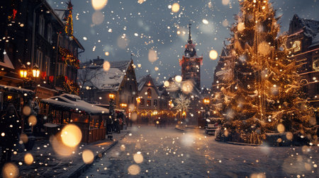 A festive town square with a large Christmas tree and falling snow.の素材