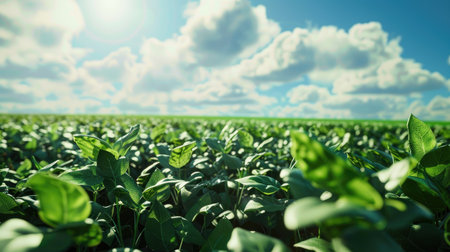 A field of lush, green soybeans growing under a bright summer sky.の素材
