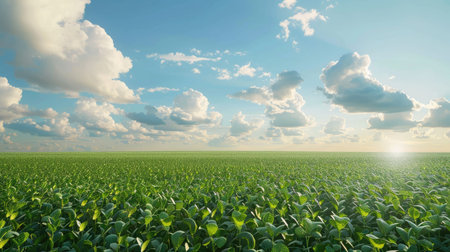 A field of green soybeans with a clear blue sky and puffy white clouds overhead.の素材
