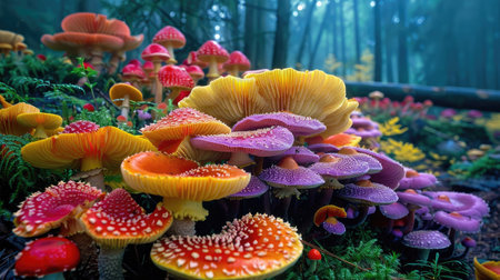 A beautiful array of colorful mushrooms, including red, yellow, and purple varieties, in a forest setting.の素材