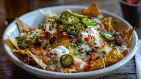 A bowl of spicy nachos topped with melted cheese, jalapeaos, and salsa.の素材
