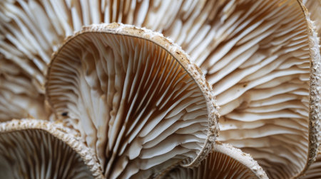 A close-up of the gills of a mushroom, showing the fine, intricate patterns and textures.の素材