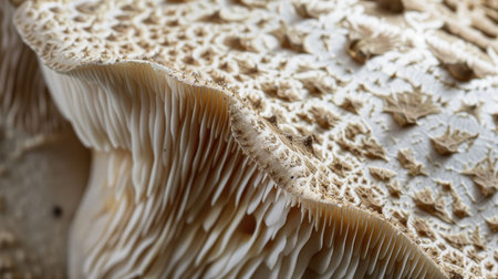 A close-up of the textured cap of a mushroom, showing the fine details and patterns.の素材