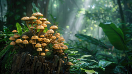 A beautiful image of a group of mushrooms growing on a tree stump, surrounded by lush greenery.の素材