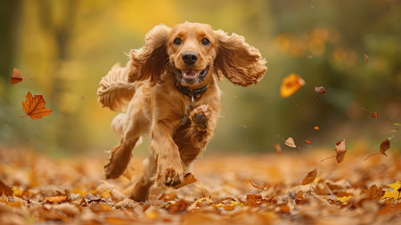 A cheerful Cocker Spaniel with floppy ears and a wagging tail, running through autumn leaves.の素材