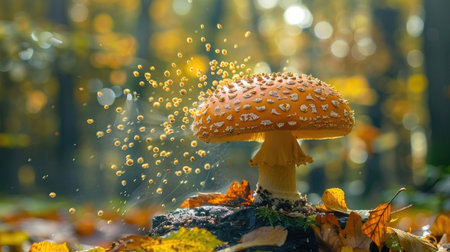 A beautiful shot of a puffball mushroom releasing spores into the air.の素材