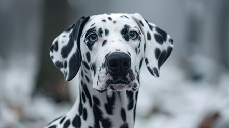 A close-up of a Dalmatian's unique black and white spotted coat, with its head tilted in curiosity.の素材