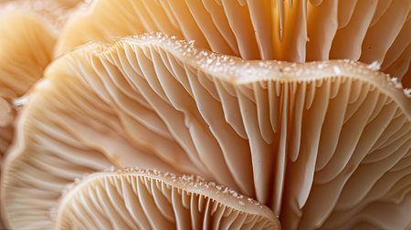 A close-up of the gills of a mushroom, showing the intricate details and textures.の素材