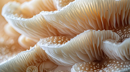 A close-up of the gills of a mushroom, showing the fine, intricate patterns and textures.の素材