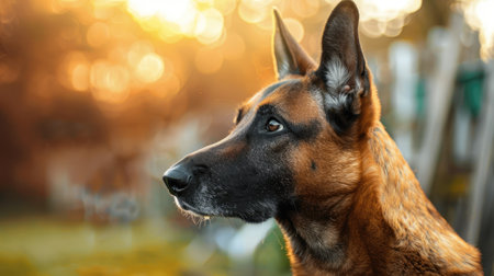 A close-up of a Belgian Malinois with its alert and intelligent expression, standing in a yard.の素材