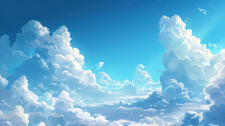 A cloudy blue background showcasing a vast expanse of sky filled with fluffy cumulus clouds, perfect for a serene landscape.の素材