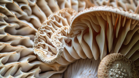 A close-up of the intricate patterns on a mushroom's cap, showing its unique texture.の素材