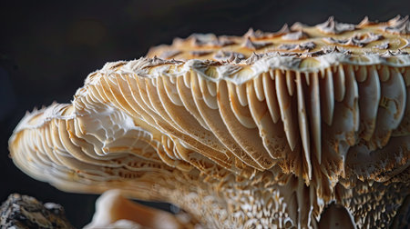 A close-up of the textured cap of a mushroom, showing the fine details and patterns.の素材