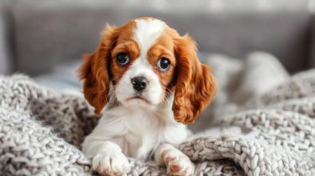A cute Cavalier King Charles Spaniel puppy with big, expressive eyes, sitting on a soft blanket.の素材
