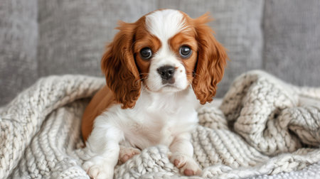 A cute Cavalier King Charles Spaniel puppy with big, expressive eyes, sitting on a soft blanket.の素材
