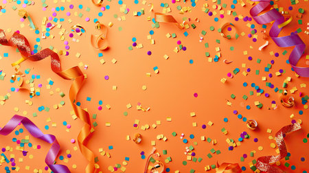 A fun orange background with colorful confetti and streamers scattered across, creating a lively and festive atmosphere.の素材