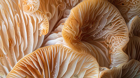 A detailed close-up of a mushroom's gills, showing the intricate and delicate structure.の素材