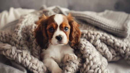 A cute Cavalier King Charles Spaniel puppy with big, expressive eyes, sitting on a soft blanket.の素材