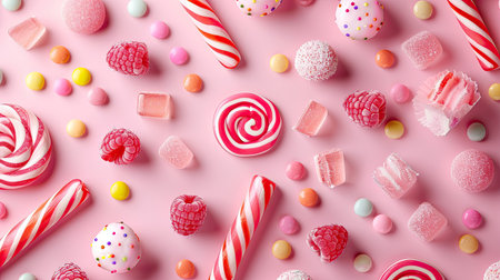 A cute pink background with a pattern of tiny candies and sweets, adding a playful and delightful touch.の素材