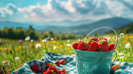 A grass green bucket brimming with vibrant, freshly-picked strawberries is placed on a picnic blanket, with a picturesque countryside in the background.の素材