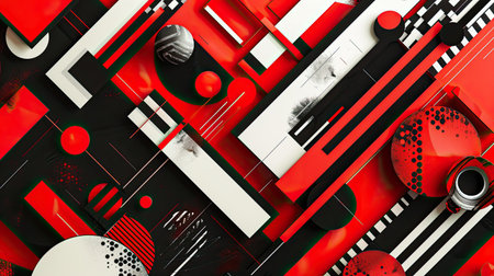 A deep red background with abstract, geometric shapes in black and white, adding a modern and stylish touch.の素材