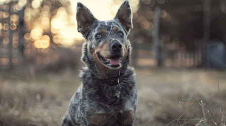 A friendly Australian Cattle Dog with its distinctive blue coat, sitting on a farm.の素材