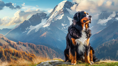 A friendly Bernese Mountain Dog sitting on a grassy hill, with a beautiful mountain range in the background.の素材