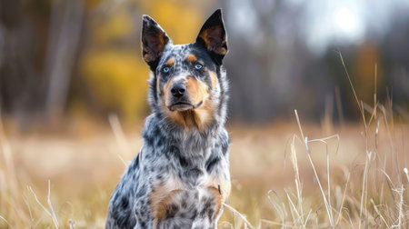 A friendly Australian Cattle Dog with its distinctive blue coat, sitting on a farm.の素材