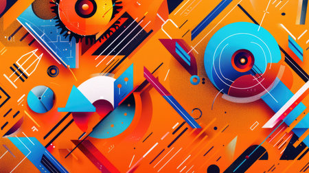 A fun orange background featuring abstract, geometric shapes in bright colors, creating a modern and energetic design.の素材
