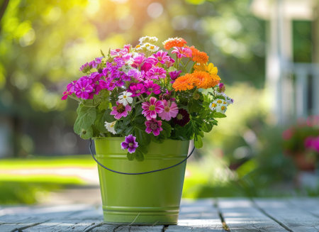 A grass green bucket filled with colorful flowers stands on a porch, with a cozy home and garden in the background.の素材