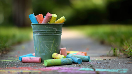 A grass green bucket filled with colorful chalk sits on a sidewalk, ready for a day of creative drawing.の素材